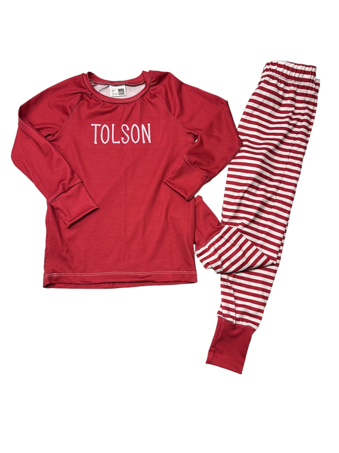 Pajama Set - Raglan top long sleeve and pj bottoms with name on the top!