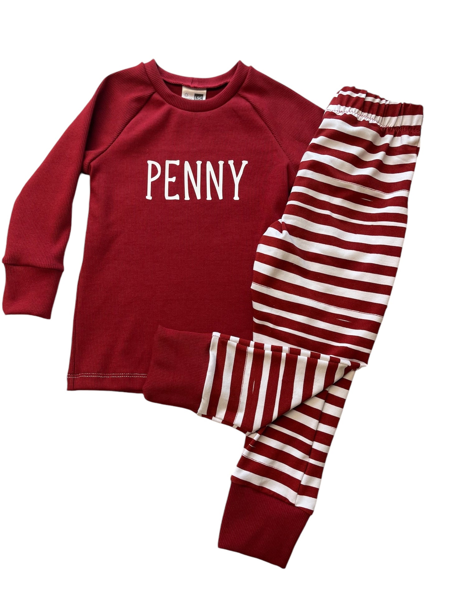 Pajama Set - Raglan top long sleeve and pj bottoms with name on the top!