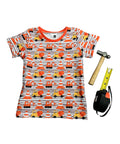 Dump trucks, cones Orange, yellow, black, white