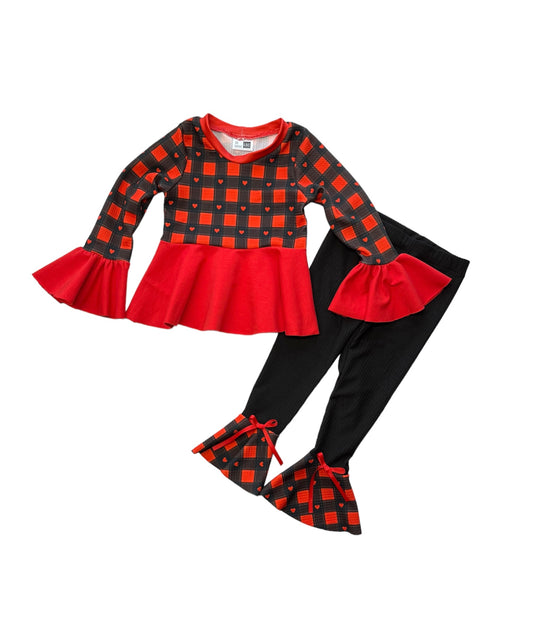 Valentine - Peplum Top with ruffled sleeves and Bell Bottoms w/ bows $29.99