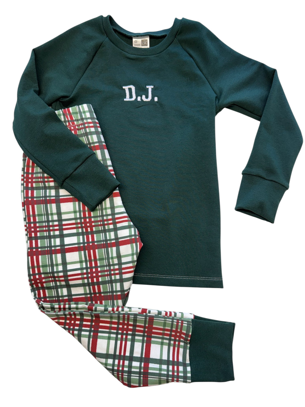Pajama Set - Raglan top long sleeve and PJ bottoms with name on the top!   (Embroidered)