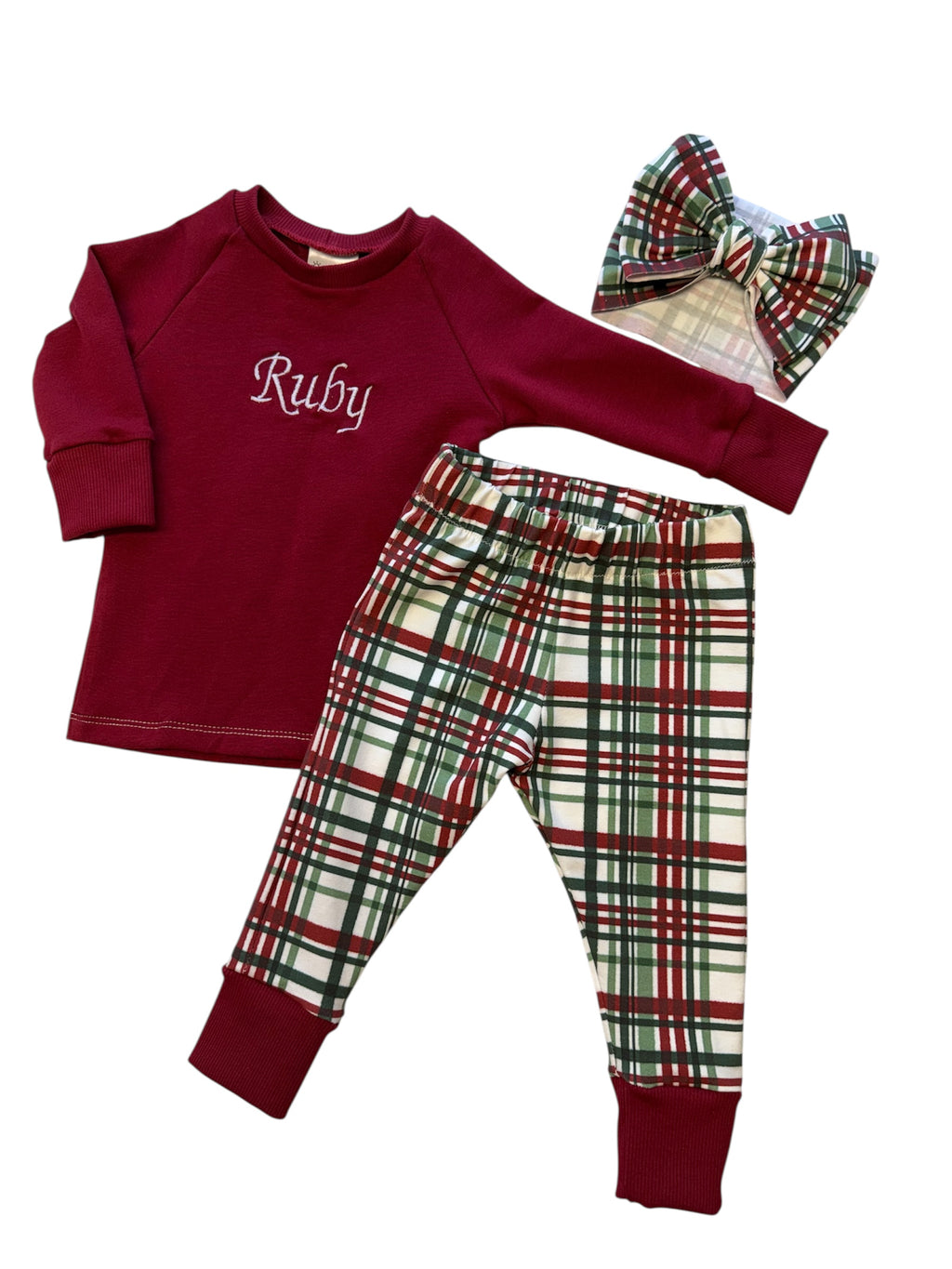 Pajama Set - Raglan top long sleeve and PJ bottoms with name on the top!   (Embroidered)