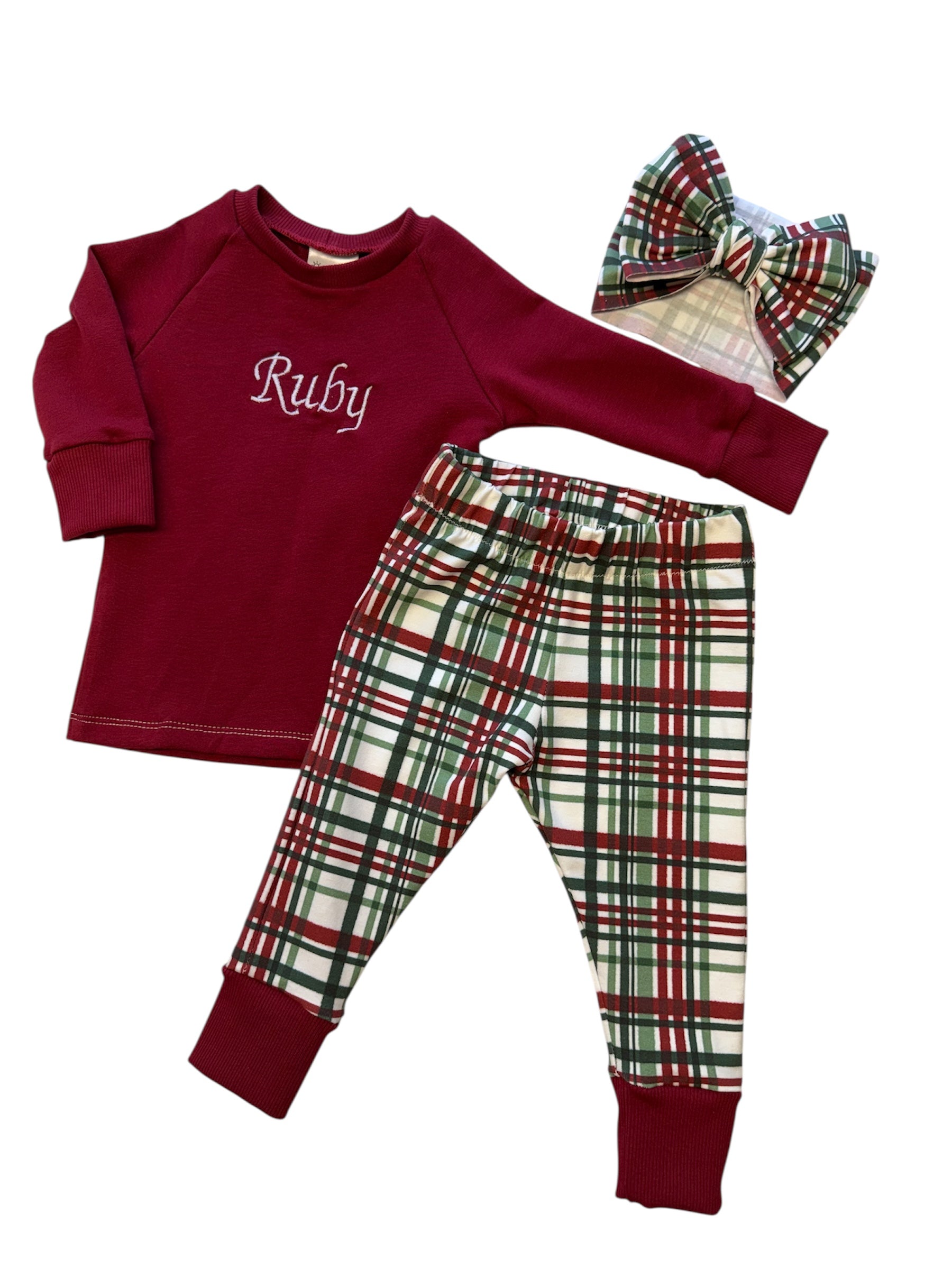 Pajama Set - Raglan top long sleeve and PJ bottoms with name on the top!   (Embroidered)