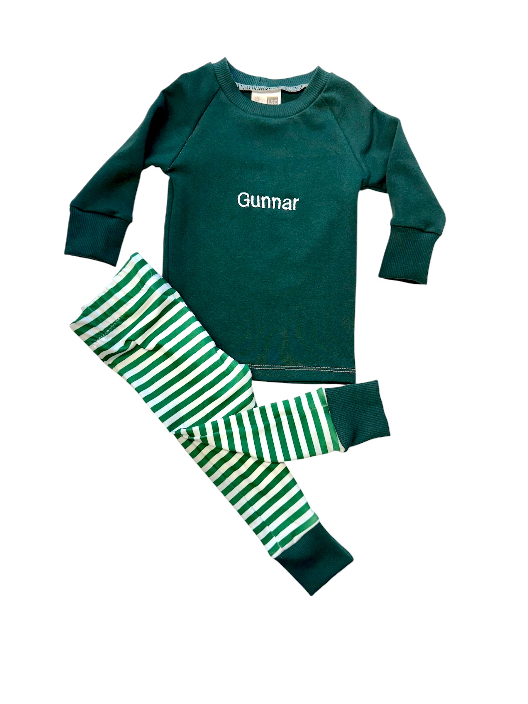 Pajama Set - Raglan top long sleeve and PJ bottoms with name on the top!   (Embroidered)