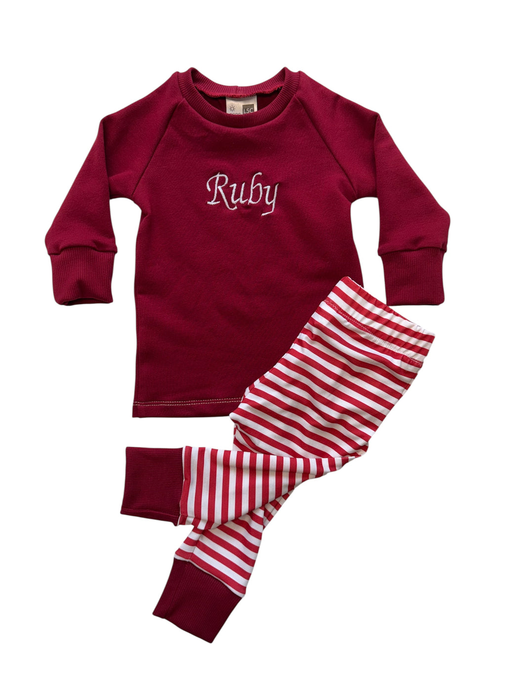 Pajama Set - Raglan top long sleeve and PJ bottoms with name on the top!   (Embroidered)