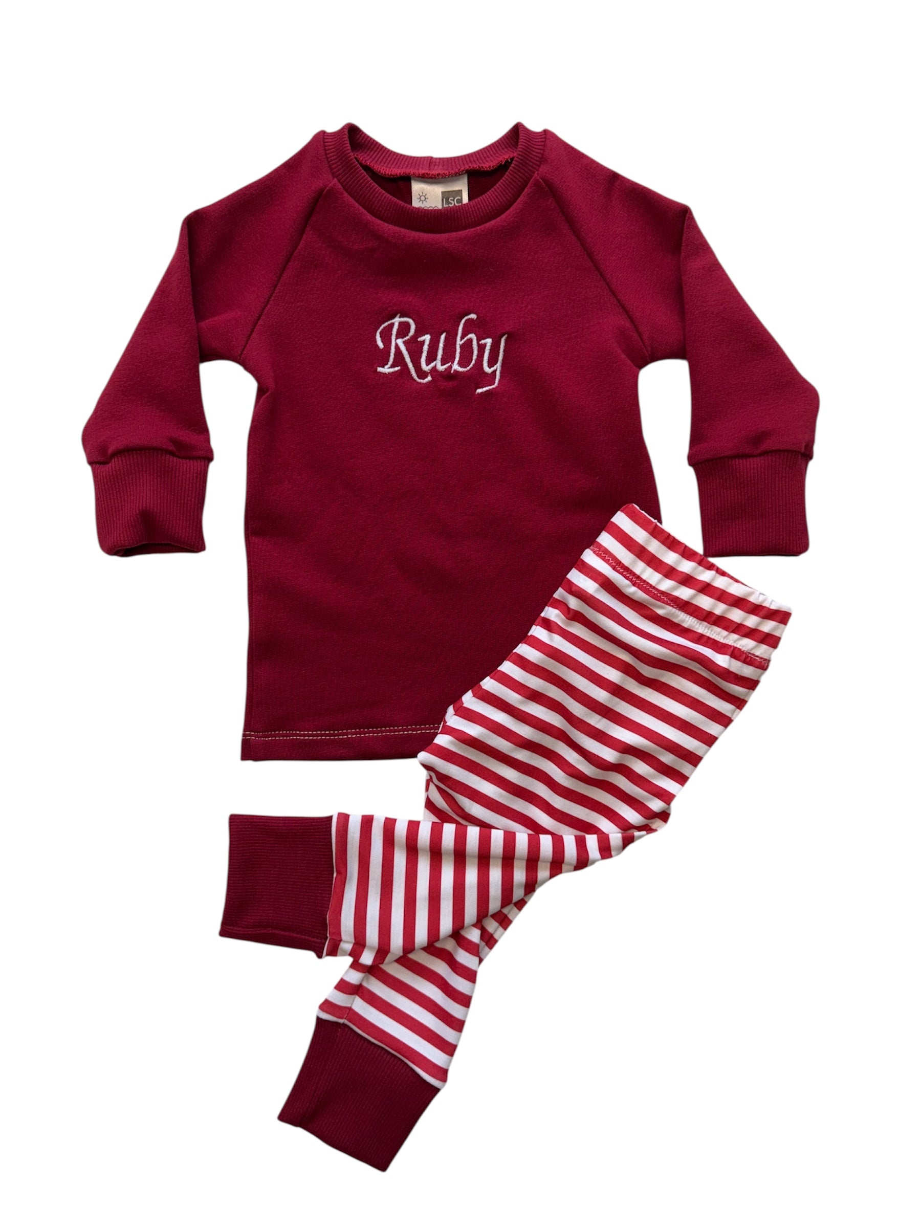 Pajama Set - Raglan top long sleeve and PJ bottoms with name on the top!   (Embroidered)